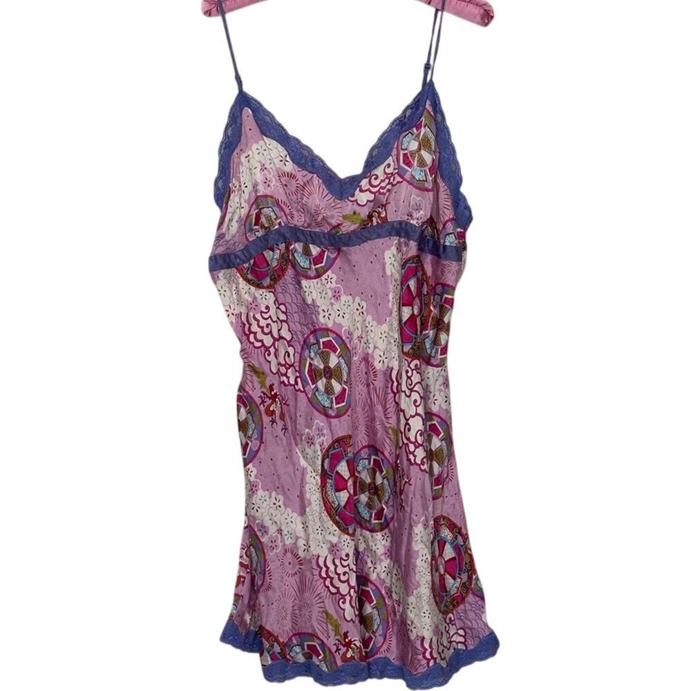 Nick & Nora Pink 100% Silk Chinese New Year Zodiac Chemise with Blue Accents